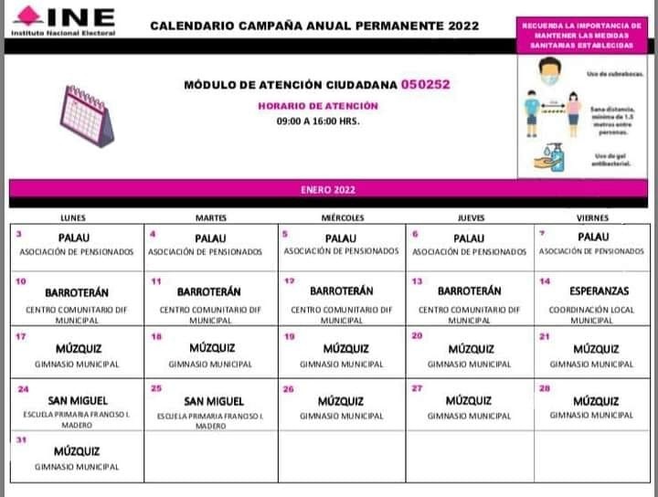 Calendario del módulo INE en Múzquiz enero 2022