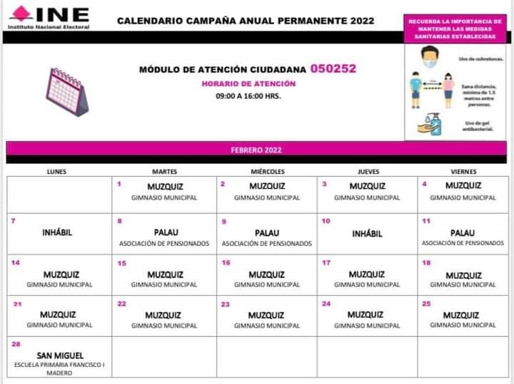 Calendario febrero INE Múzquiz y sus minerales