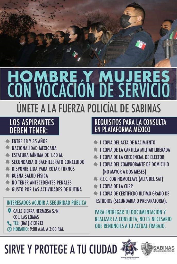 Invitan a formar parte de la fuerza policial de Sabinas
