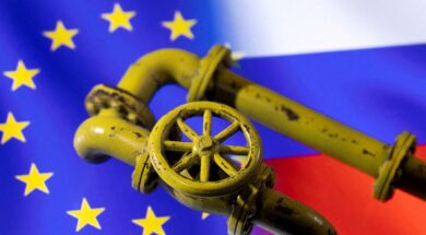 FILE PHOTO: Illustration shows Natural Gas Pipes and EU and Russian flags