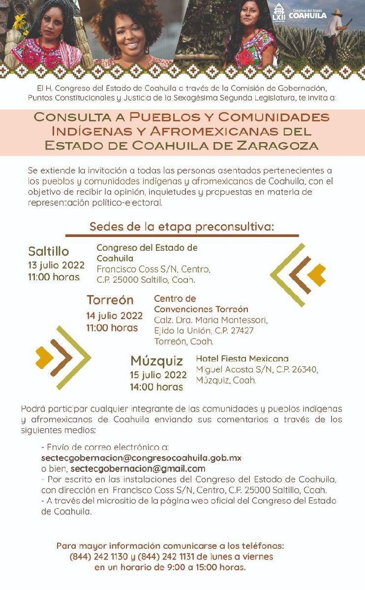Convoca Congreso del Estado a primera reunión de consulta a comunidades y pueblos indígenas y afromexicanas en Múzquiz