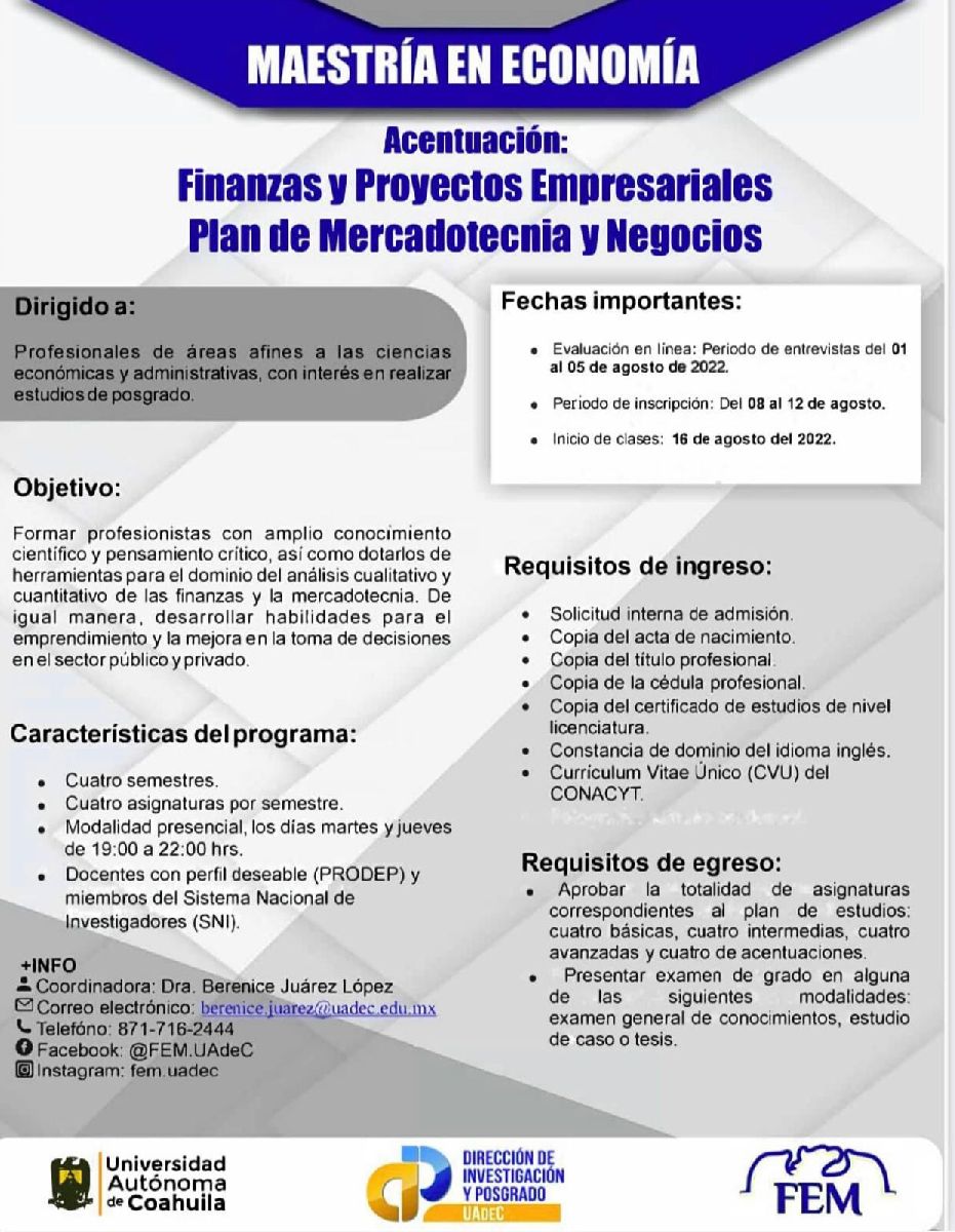 Cursa en la UAdeC la Maestría en Economía con Acentuación en Finanzas y Proyectos Especiales en la Unidad Torreón