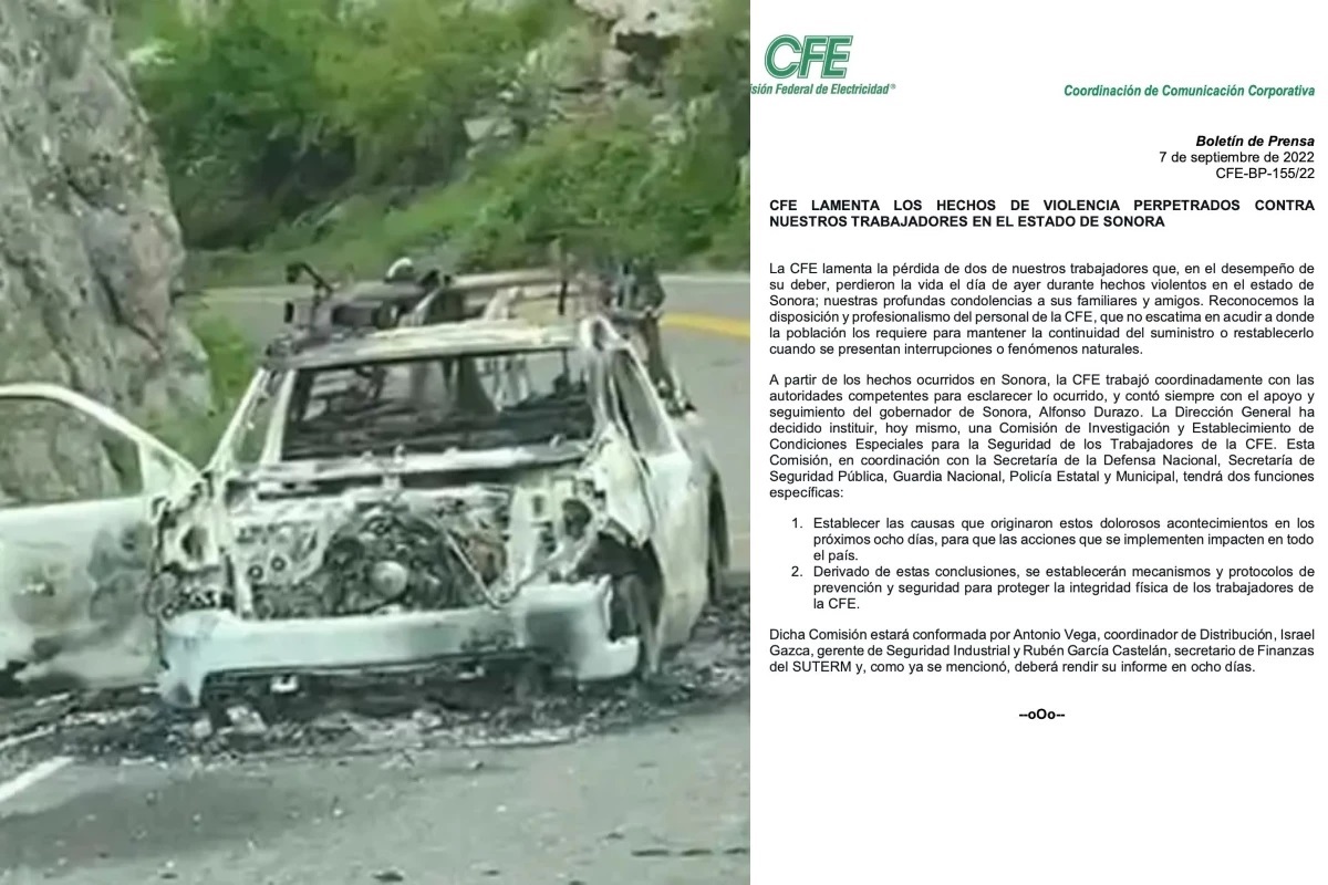CFE confirma asesinato de dos trabajadores en Sonora; dará informe en 8 días