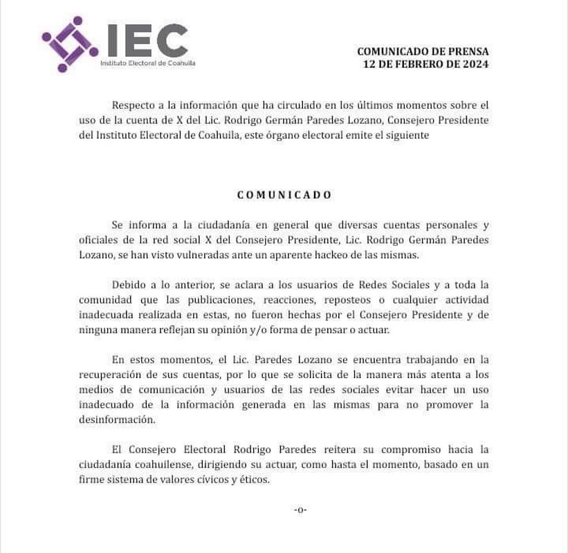 Clonan cuenta de” X” antes Twitter del presidente del IEC