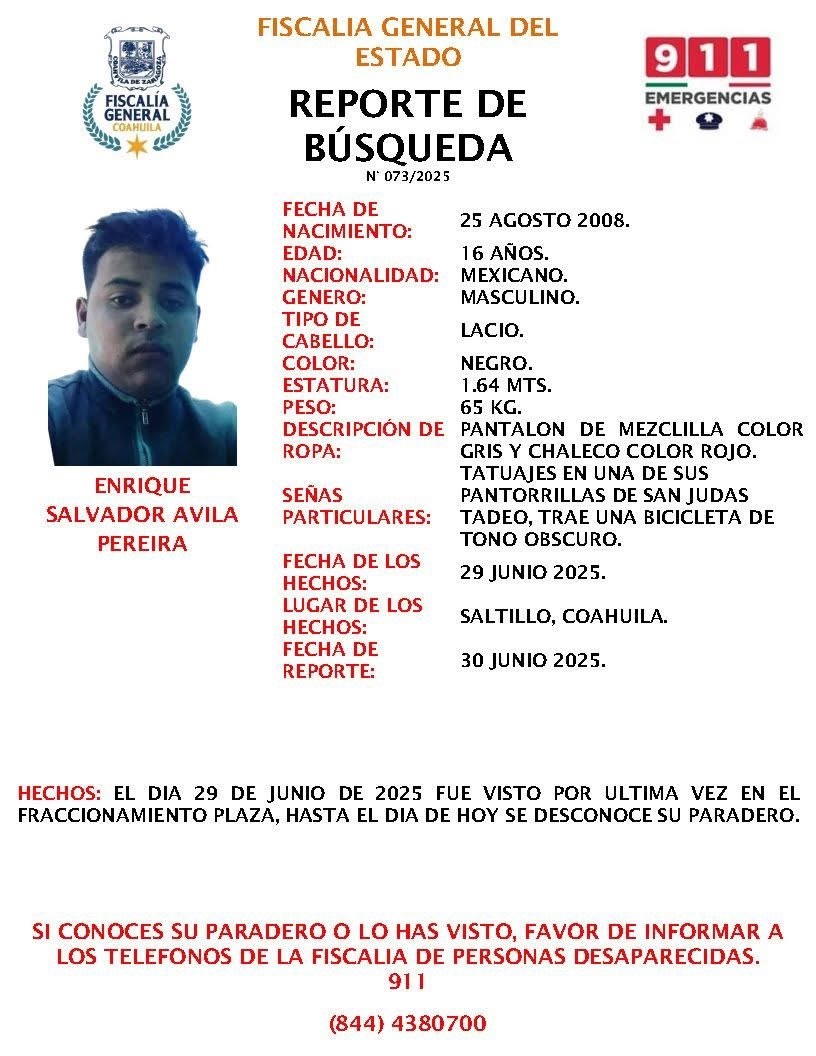 Continúa la búsqueda de adolescente desaparecido en Saltillo
