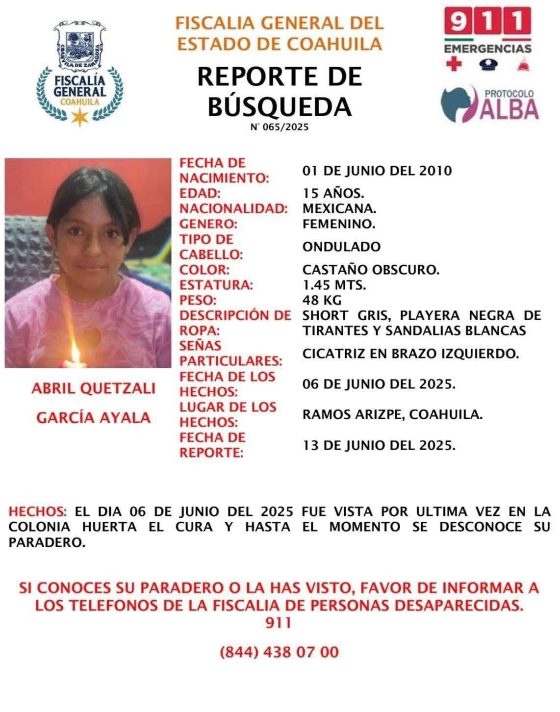 Continúa la búsqueda de Abril Quetali, adolescente desaparecida en Ramos Arizpe