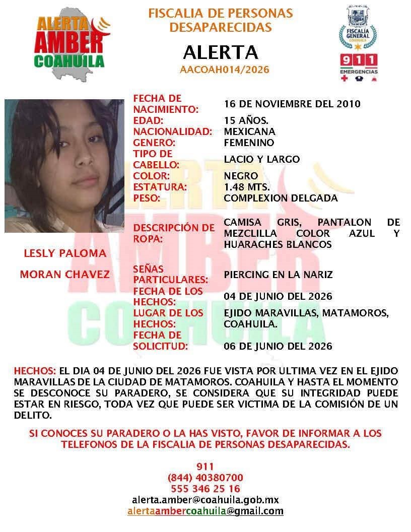 Activan Alerta Amber para localizar a adolescente desaparecida en Matamoros